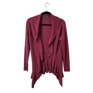 Eileen Fisher 100% Wool Ribbed Ruffle Open Front Cardigan Red L Italian Yarn